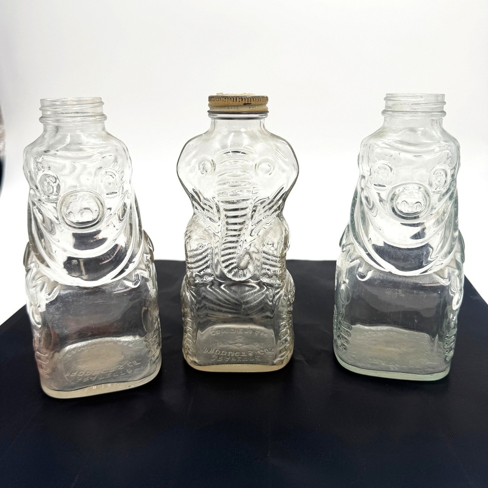 Grapette Animal Figural Glass Bottles Set of 3 Clear Elephant Clown 1940s 1950s